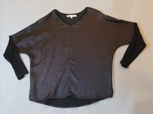 Melissa Nepton Cindy V-Neck Satin Long Sleeve Blouse - Black - Small